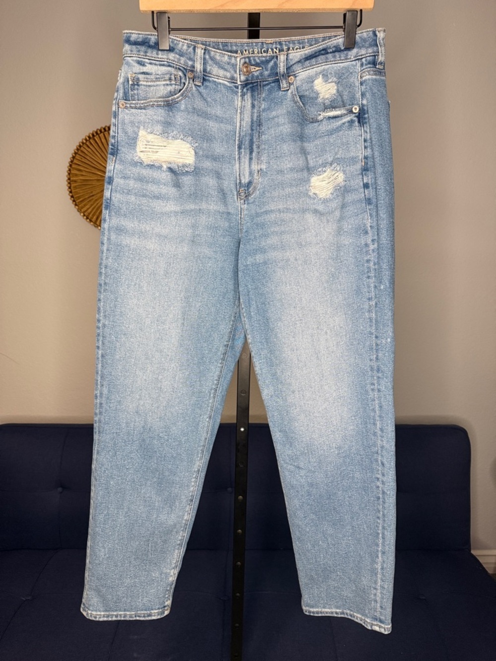 American Eagle Outfitters Light Blue Distressed Straight Leg Mom Jeans  size 12